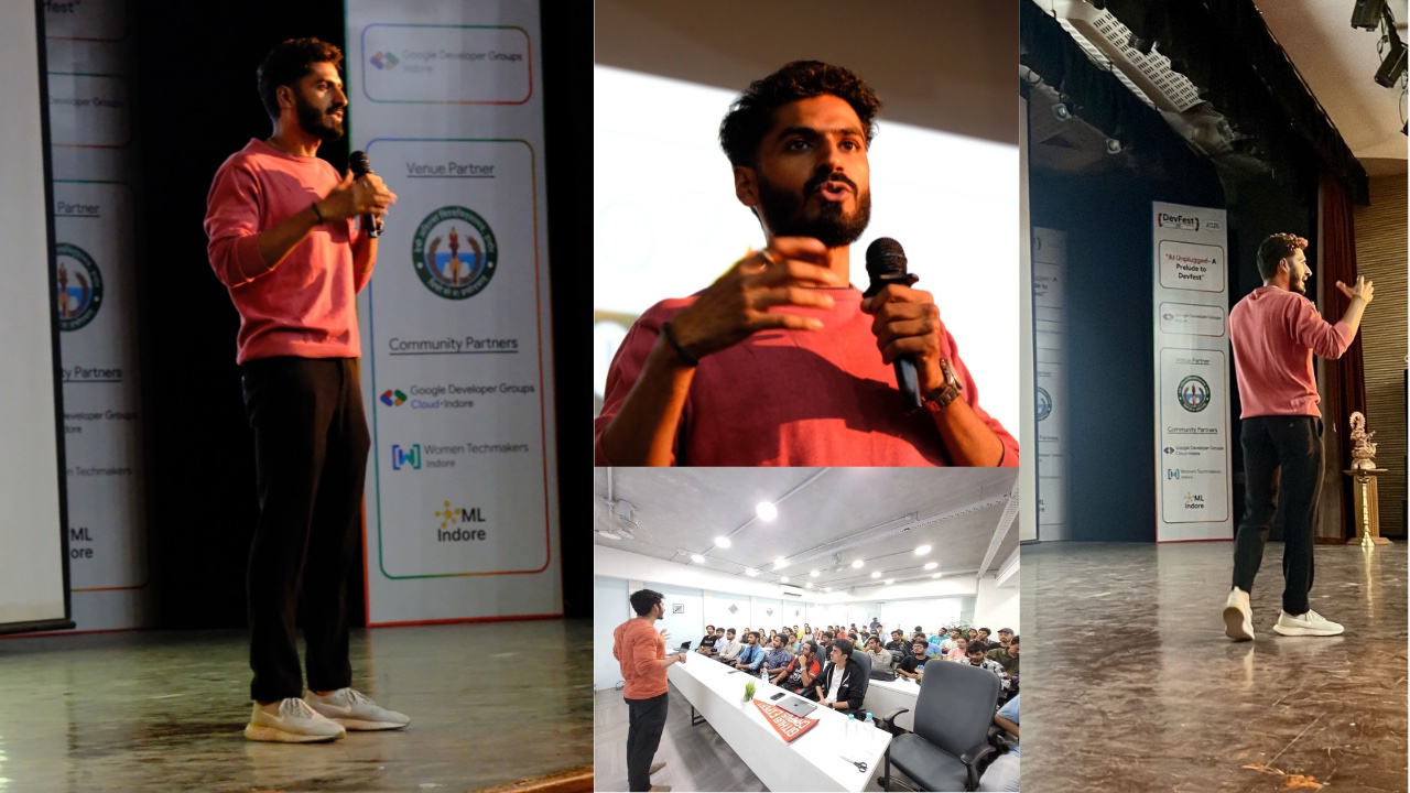 Himanshu Ramchandani speaking on stage at developer community events